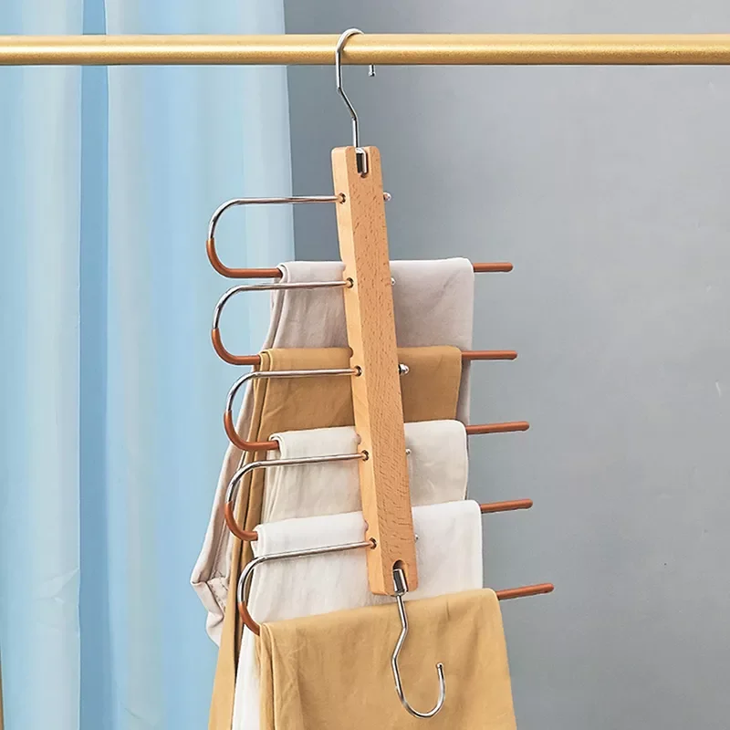 

5 Layers Clothes Wood Hangers Multifunctional Pants Rack Bedroom Closet Shelves Jeans Non Slip Wardrobe Organizer Space Saving
