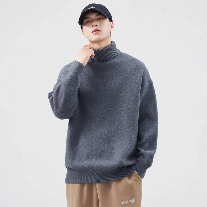 Зимний новый стильный теплый вязаный свитер поло/черепашковый воротник мужской