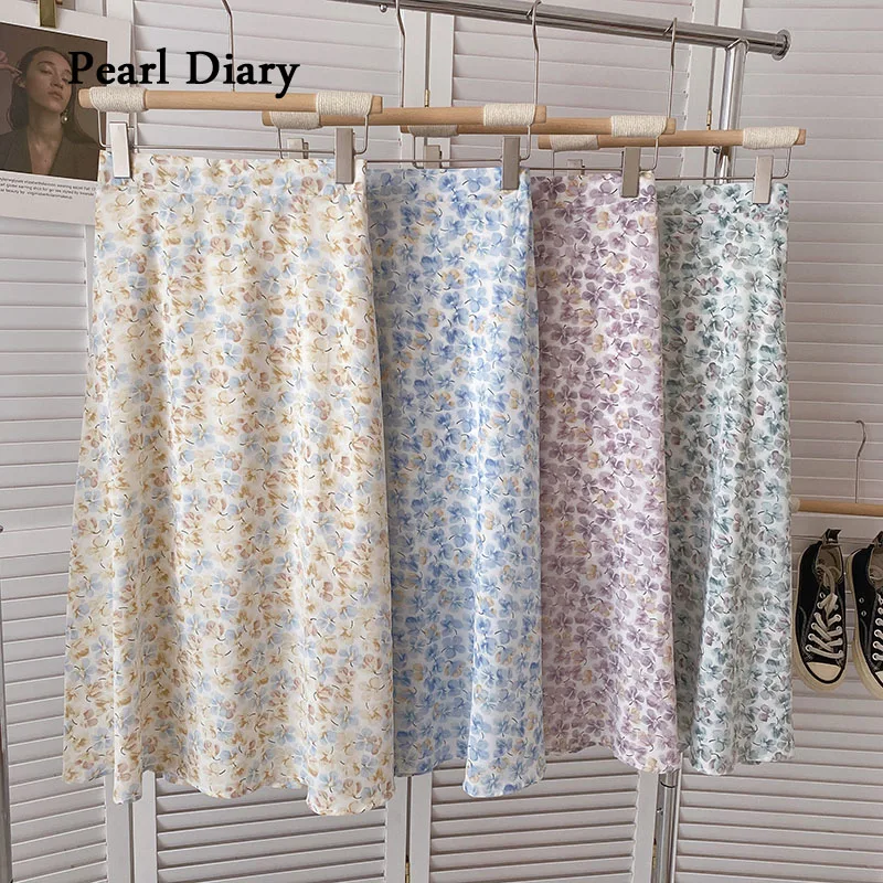 

Pearl Diary Women Summer New Small Floral Thin Skirt All-Match Chic Mid Waist Skirt Small Fresh Sweet Chiffon A-Line Skirt Women