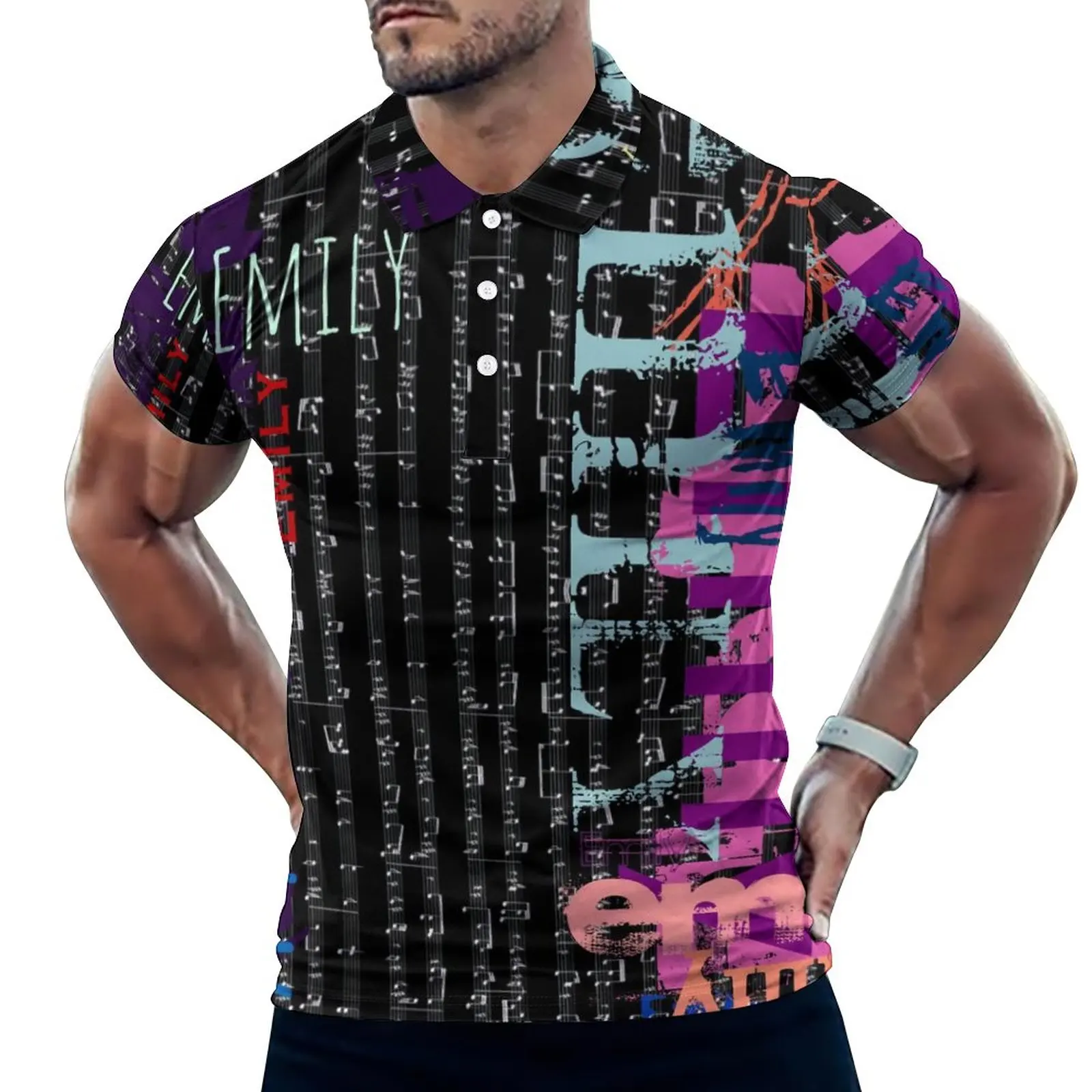 

Рубашка-поло мужская с принтом музыкальных нот и коротким рукавом