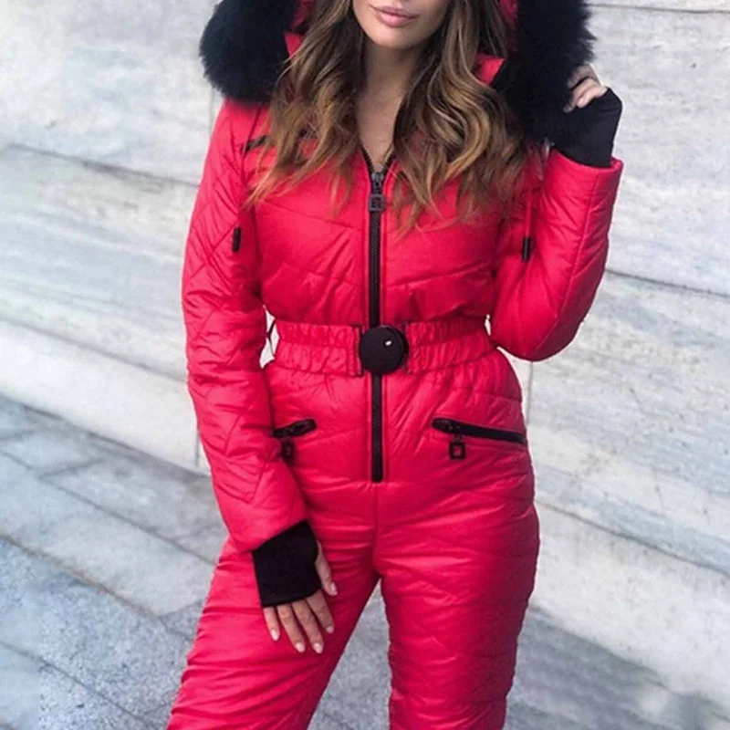 Fashion Winter Hooded Parka Jumpsuit Women Jackets Bodysuit Sashes Jumpsuits Zipper Overalls Tracksuits Women One Piece Ski Suit
