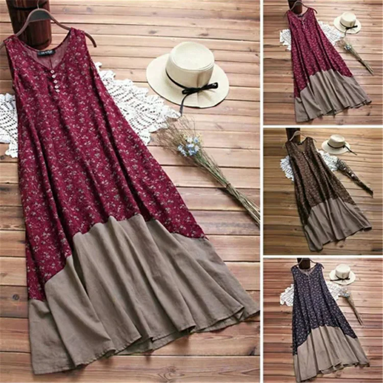 

Новое летнее женское платье средней длины без рукавов из хлопка и льна с принтом и круглым вырезом в богемном стиле