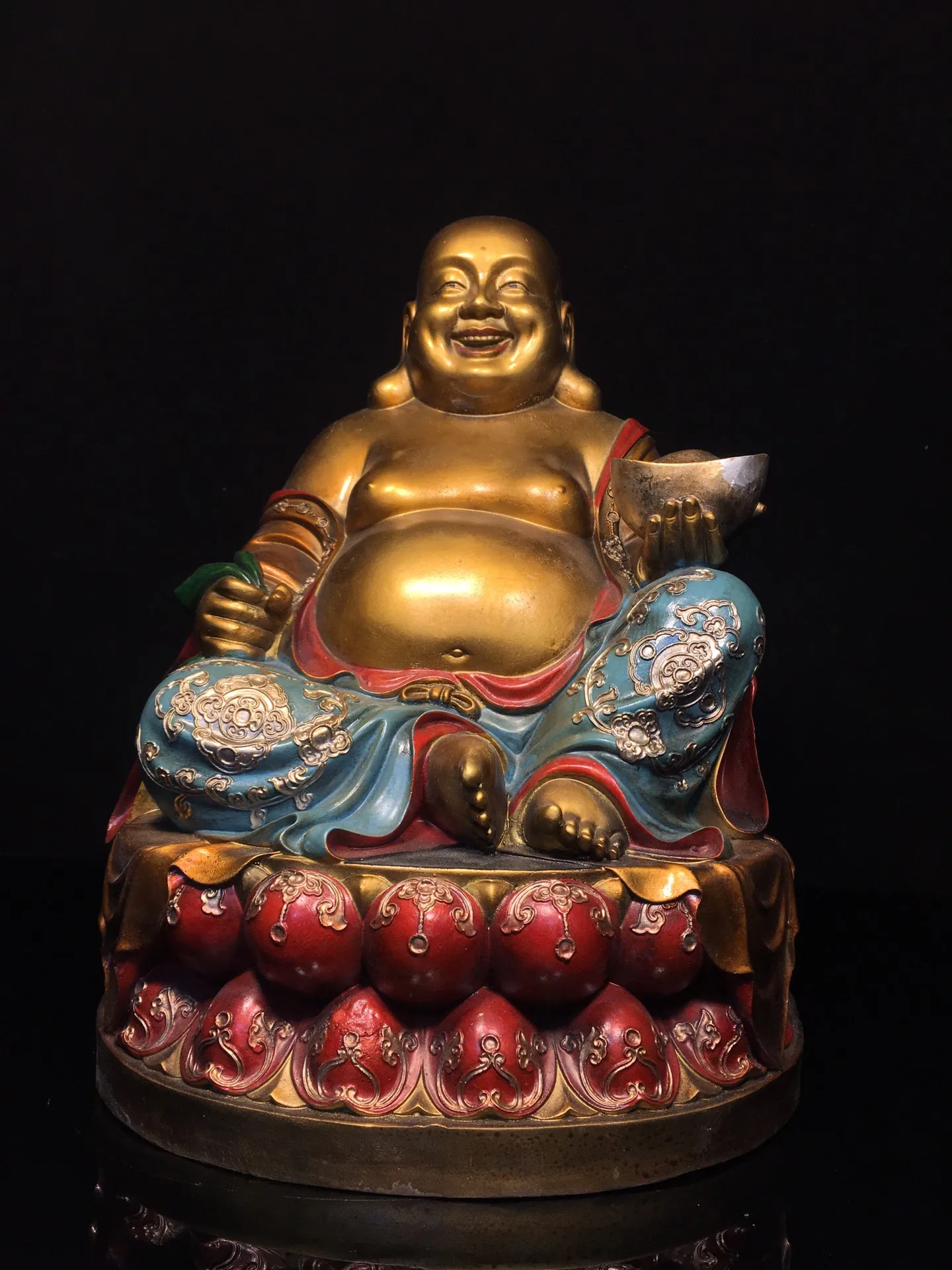 

14"Tibet Temple Collection Old Bronze Painted Gilding MAITREYA Amitabha Buddha Double Lotus Platform Worship Hall Town house
