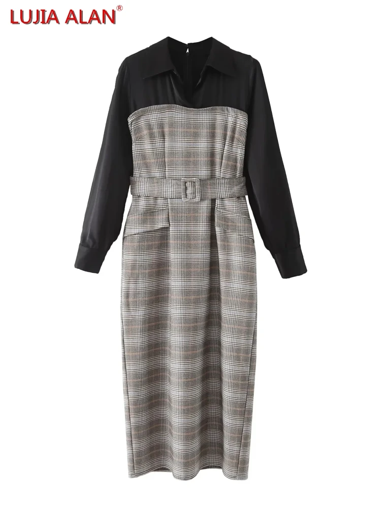 

New Women's Plaid Splicing Turndown Collar Belt Long Sleeve Casual Slim Fit Midi Dress LUJIA ALAN WD1010