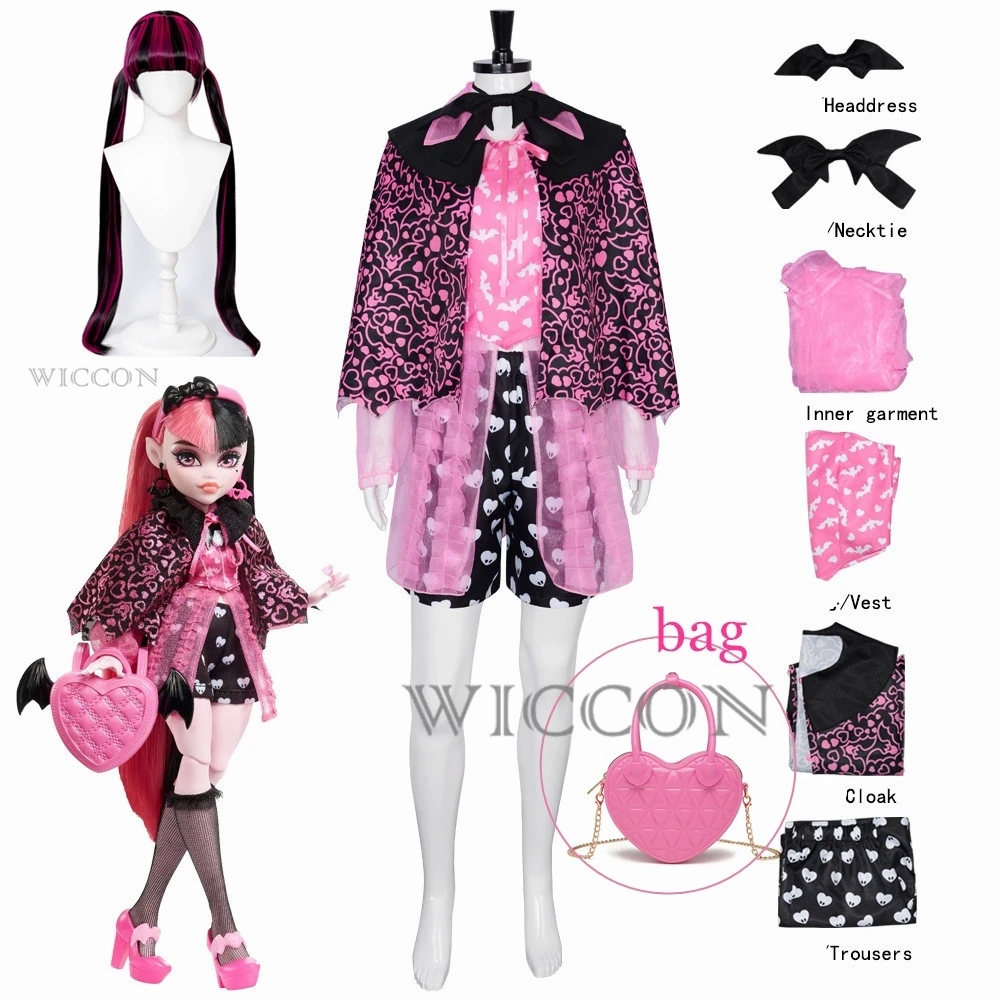 Аниме Monster High Draculaura Косплей Костюм Розовые ПЛАТЬЯ Плащ Аксессуары Парик Сумка