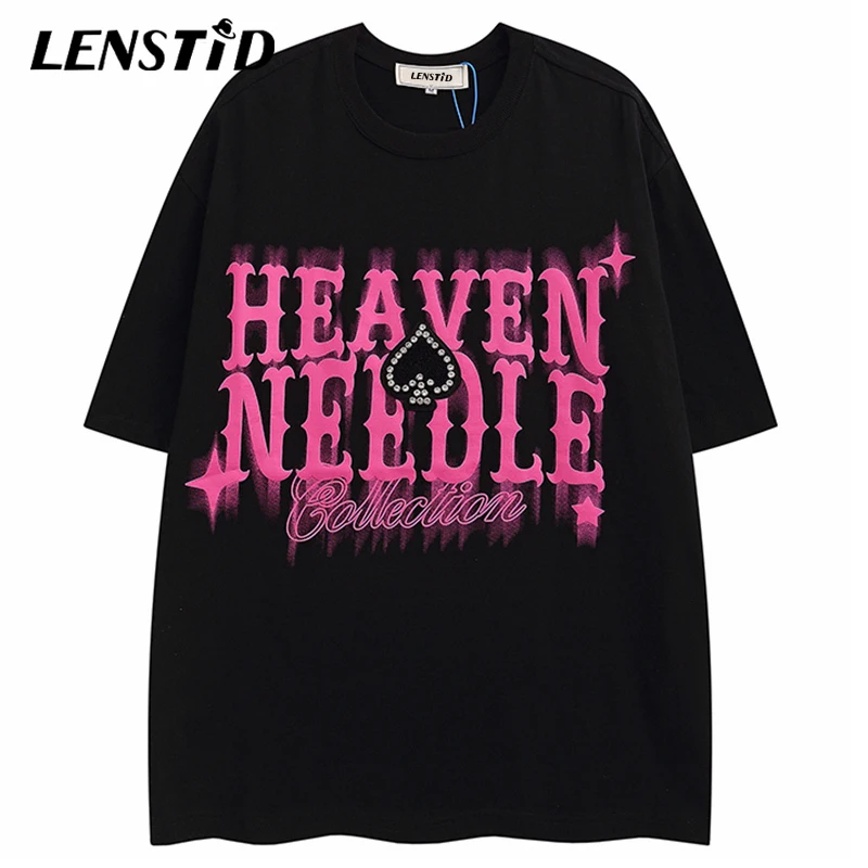 

LENSTID Summer Men Short Sleeve Tshirts Hip Hop Illusion Letter Print T Shirts 2022 Streetwear Harajuku Casual Cotton Tops Tees