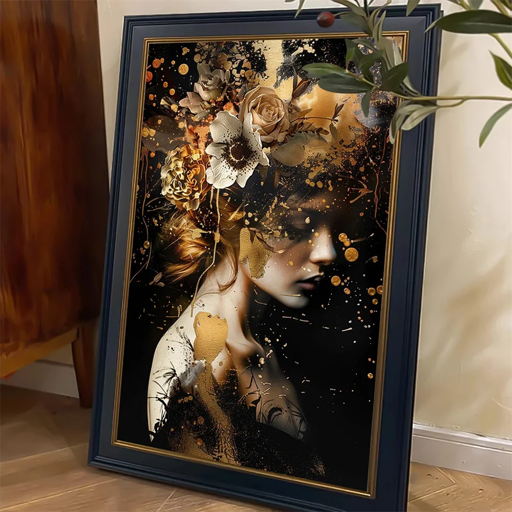 Черное золото цветочные женские постеры и принты женский портрет холст картина