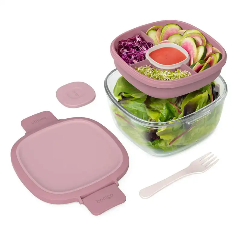 

Glass - Leak- Salad Container with Large 61-oz Salad Bowl, 4-Compartment Bento-Style Tray for Toppings, 3-oz Sauce Container for