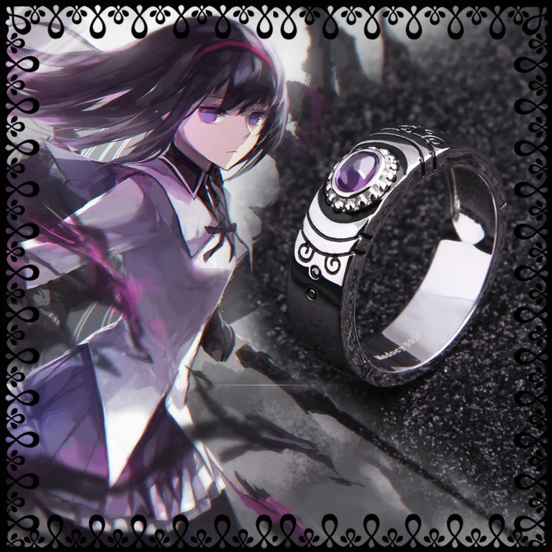

Anime Puella Magi Madoka Magica Akemi Homura Cosplay S925 Sterling Silver Finger Ring Couples Men Women Adjustable Jewelry Gifts