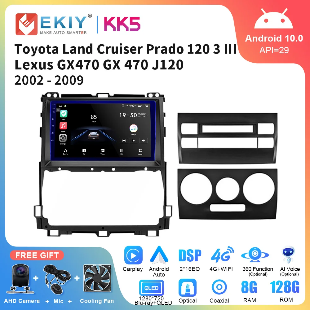 EKIY KK5 QLED Автомагнитола для Toyota Land Cruiser Prado 120 III Lexus GX470 GX 470 J120 2002-2009 мультимедийный