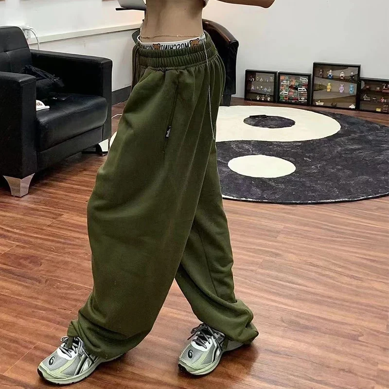 Женские мешковатые спортивные брюки Y2K зеленого цвета в стиле хиппи K-POP оверсайз