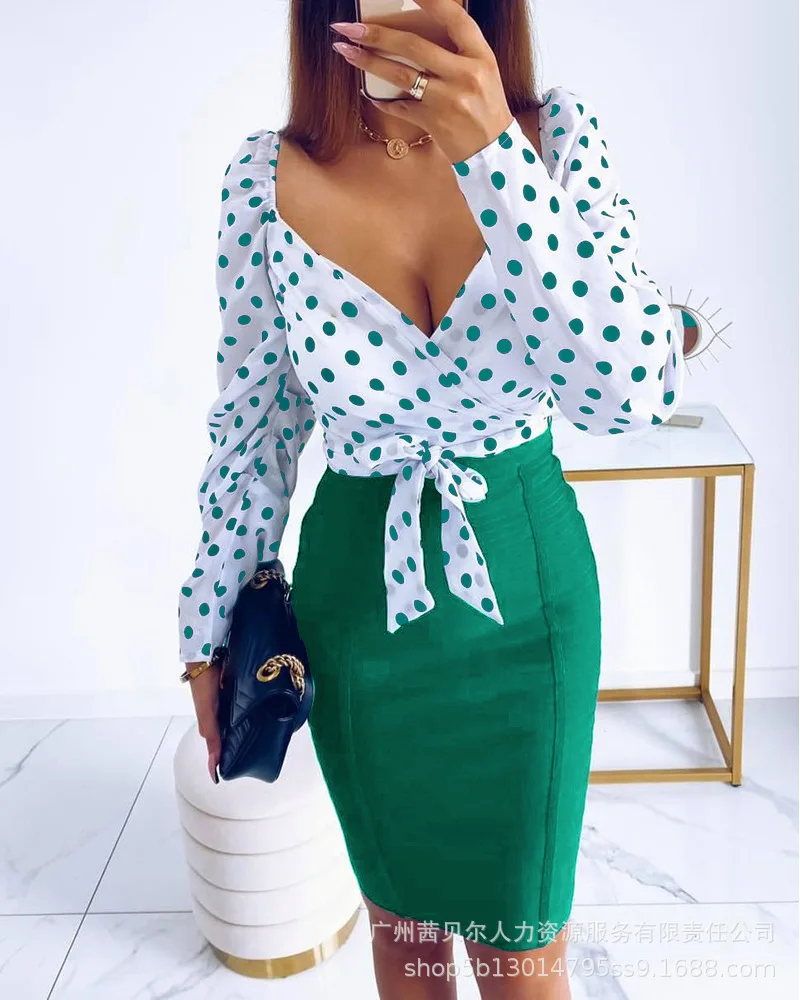 

Dark Green Sexy Wave Dot Printing Top&skirt Temperament Elegant Skirts Deep V Neck Shirt