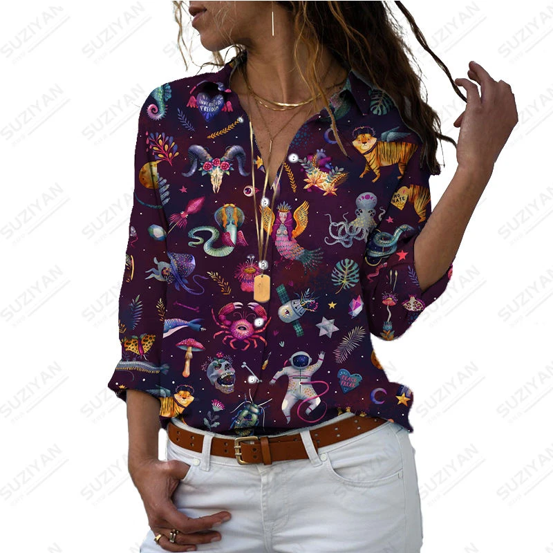

2023 New Spring Loose Harajuku Slim Fit 3D Print Women's Button Long Sleeve Polo Collar American Retro Floral Dark Shirt Top