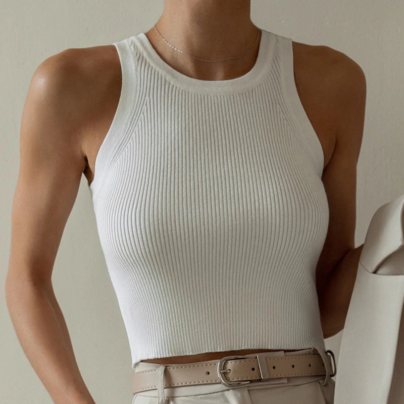 

Summer Casual Slim Sexy T-shirt Y2k Crop Top Fashion O-neck Short Knitted Tees High Street Sleeveless Solid Corset Vest 26542