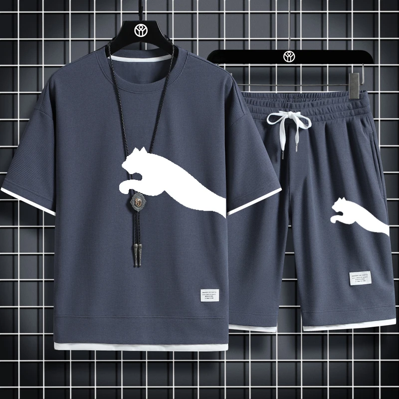 Traje deportivo de marca para hombre, traje de Fitness para correr, traje de ocio, camiseta + Pantalones cortos, secado rápido,