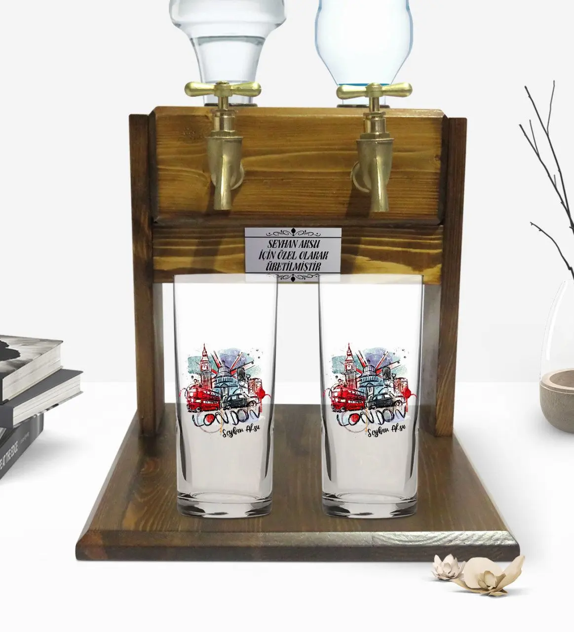 

Индивидуальный красочный дизайн Лондона, двойная чашка и двойной кран, подставка из натурального дерева