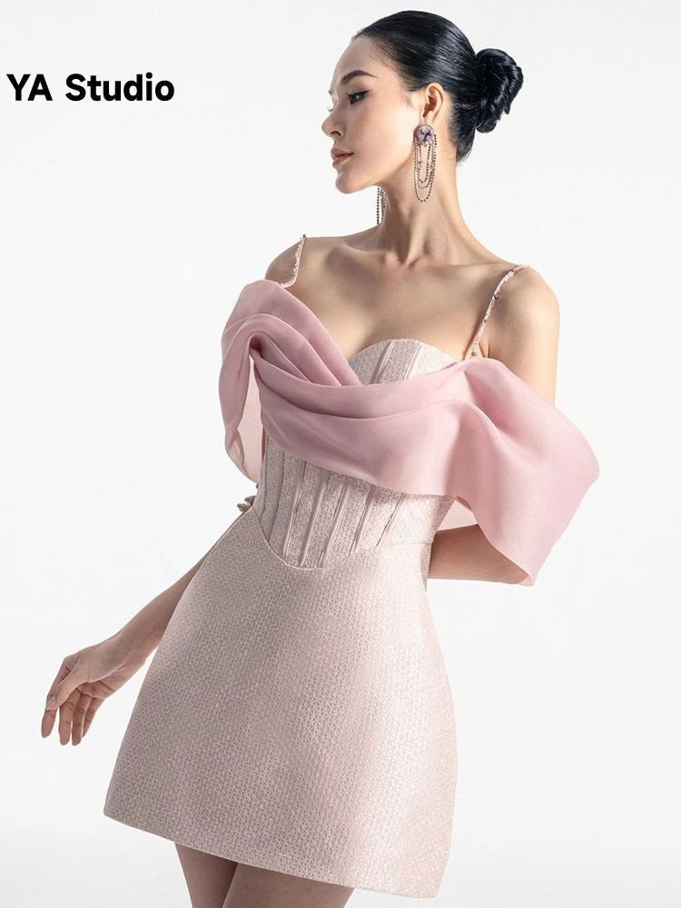 

[YA Studio] Slotted Neck Off Shoulder Dress 2023 Designer Spring New Short Cocktail Shawl 2023 Summer Fashion