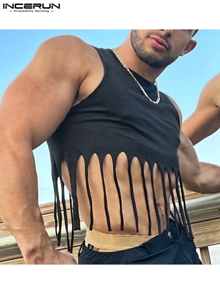 

Майка INCERUN мужская с круглым вырезом, однотонная пикантная уличная одежда без рукавов, с бахромой, лето 2022