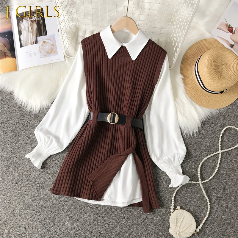 

J GIRLS Autumn Winter Sweater Vest Women Korean Style Two Piece Set Shirt Knited Vest White Belt Sleeveless Jacket Gilet Femm