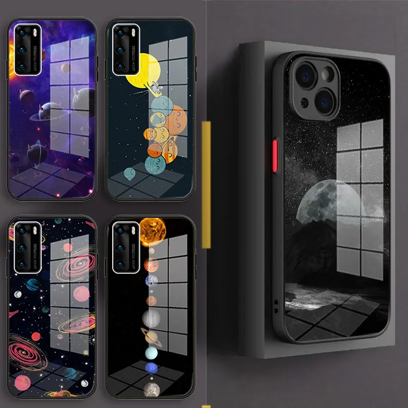 

Balck Glass Case For iPhone 15 14 13 11 12 Mini Pro XS Max Funda XR X Silicone Cover Sky Space planet Moon stars