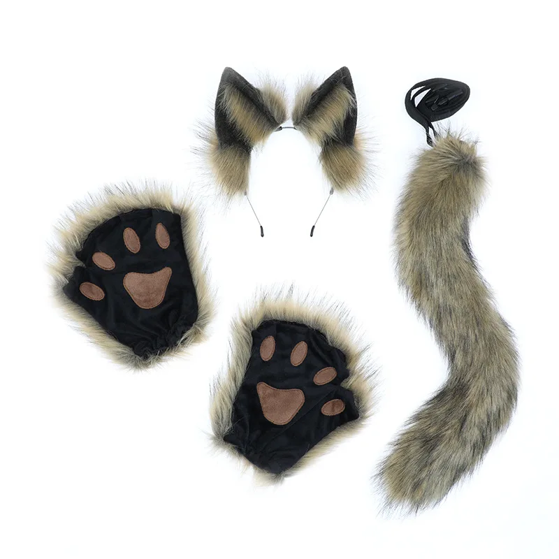Emulation Cartoon Kemonomimi Grey Wolf Dog Cosplay Props Fox Animal Ears Tail Claw Sets Plush Cat Paw Headwear