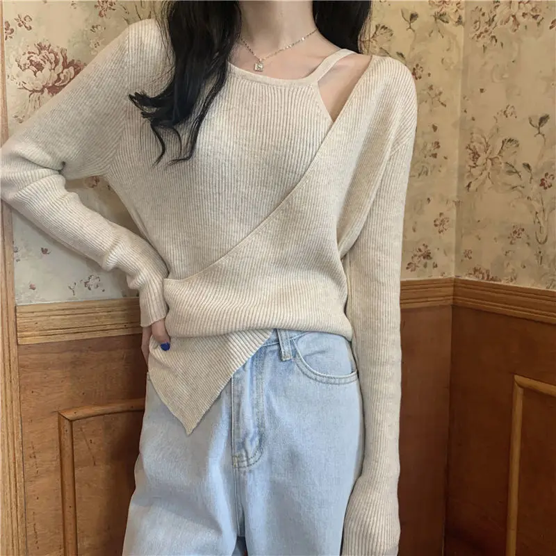 

Beige Lady 2 in 1 Woman Girl Sweaters Spring Knit Sweater Slim Clothing Vest Top Fiting Women Coat Pull Cloth hollowed Pullover