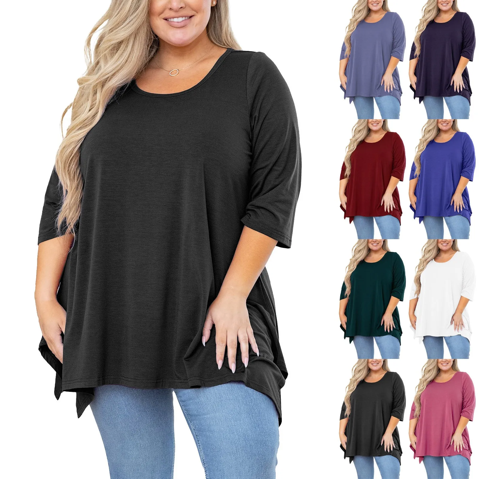 

Tunic Top For Women 3/4 Sleeve Blouse Purple Gray 3X Clothes Swing Top Crewneck Maternity Loose Fitting Top 2xl