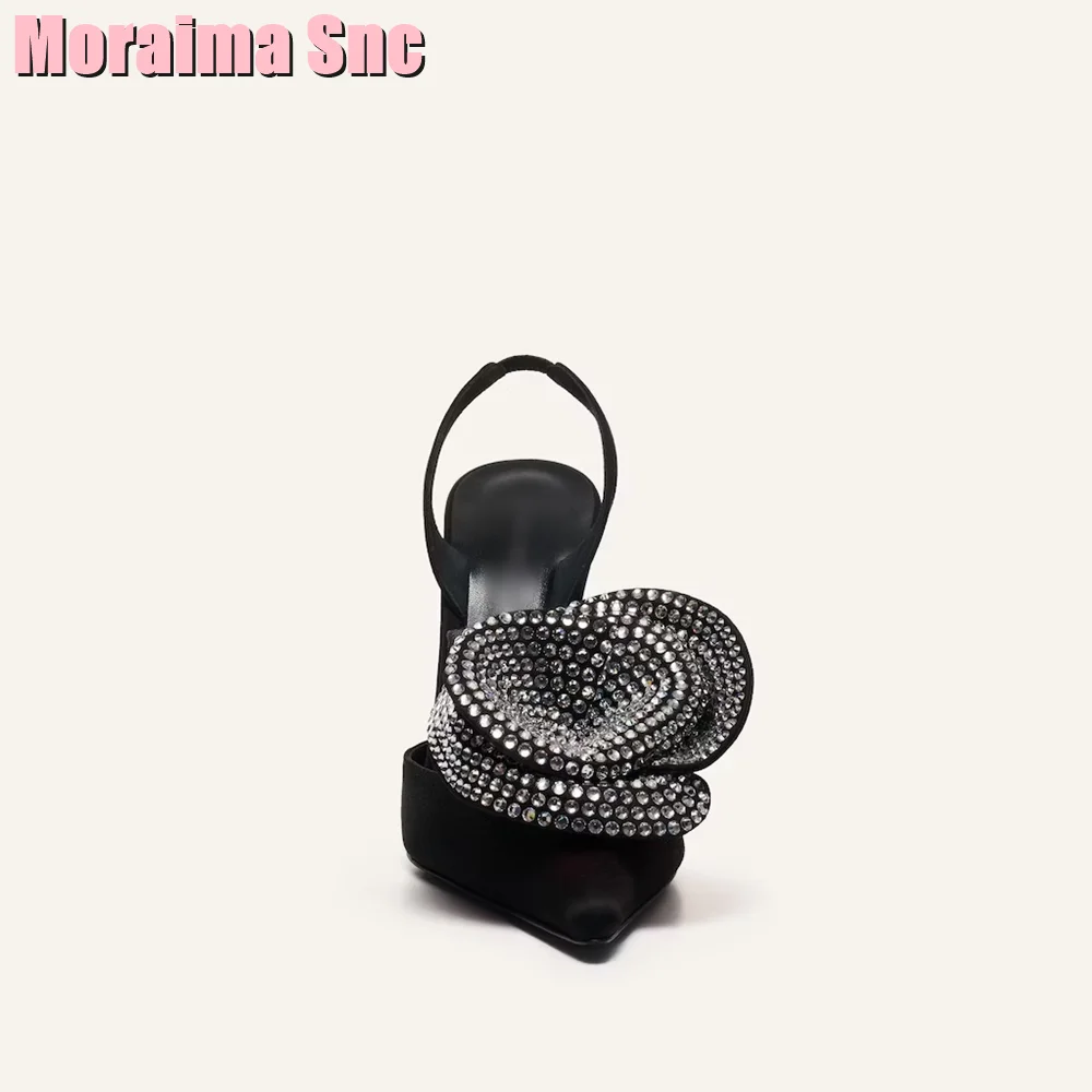 Crystal Flower Pointed Toe Shallow Sandals Stiletto High Heel Back Strap Slip On Black Solid Sexy Women Wedding Shoes Summer New