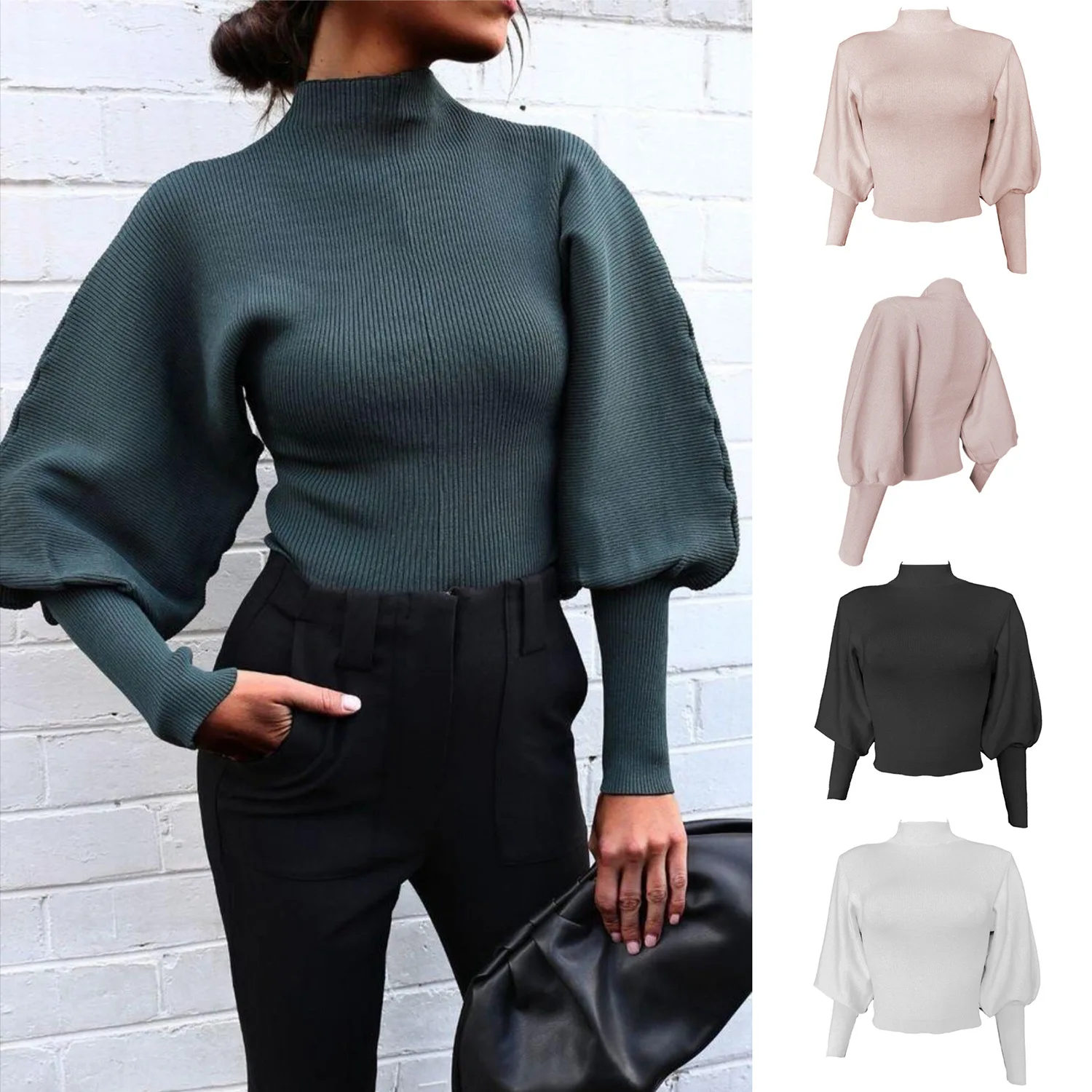 

2023 autumn and winter new sweater female explosive net color knitted lantern sleeve long sleeve pullover turtleneck sweater