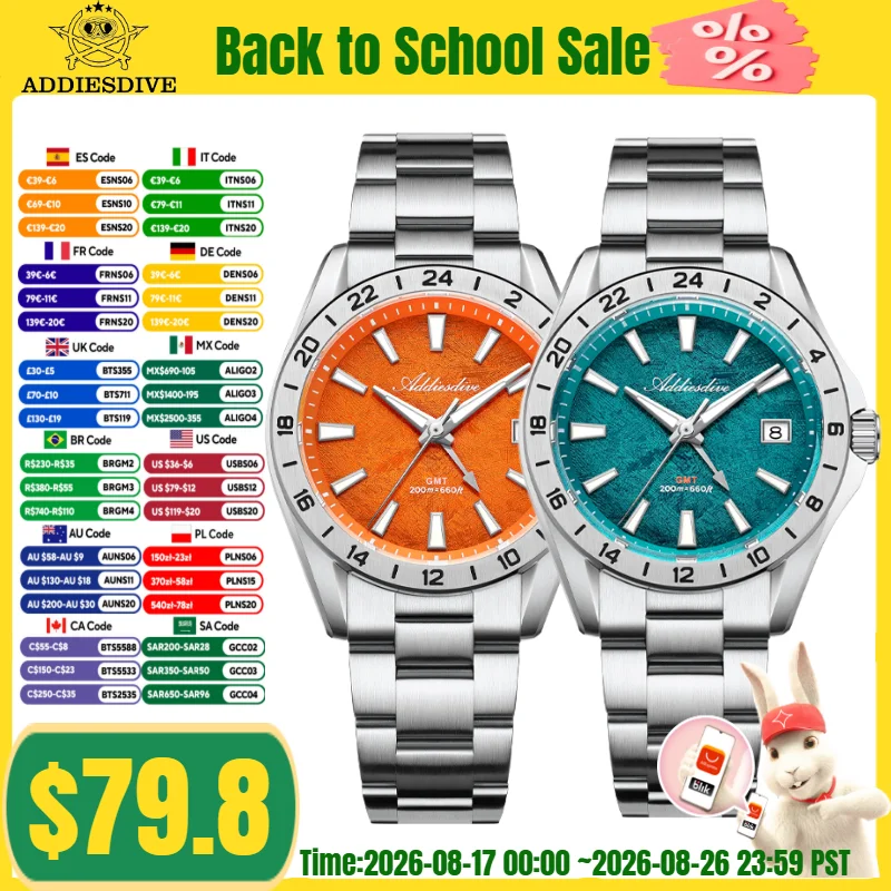 Фото Мужские часы ADDIESDIVE GMT AD2548 из нержавеющей стали, швейцарские кварцевые часы Ronda 515-24H с сапфировым стеклом, BGW9, светящиеся, водонепроницаемые до 200 м №1