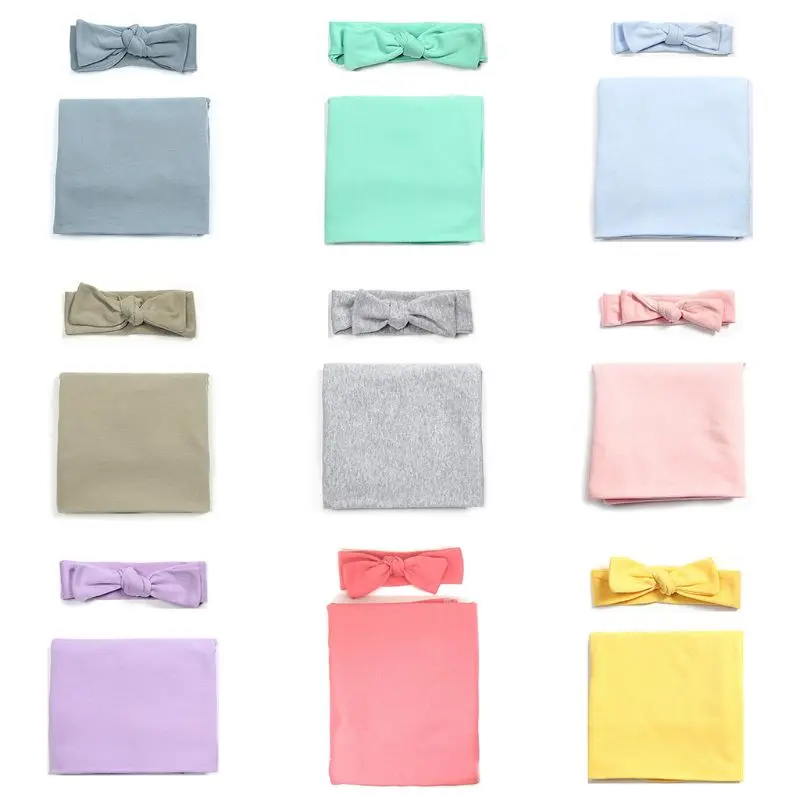 

2 Pcs/set Solid Color Baby Blanket Headband Set Simple Newborn Swaddle Headdress