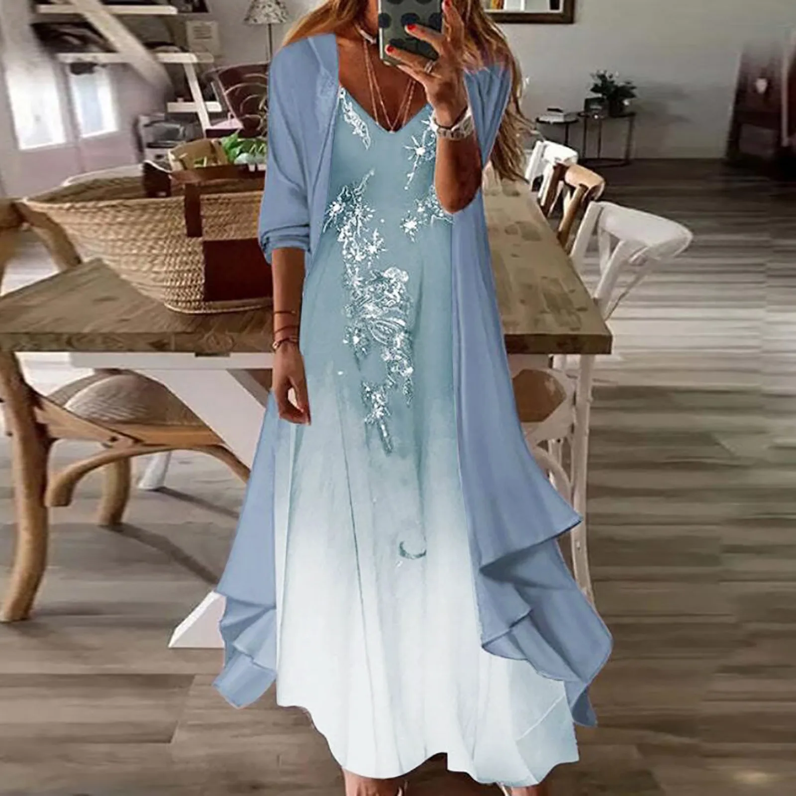 

Женское Повседневное платье с принтом, платье без рукавов с V-образным вырезом, шифоновый кардиган с коротким рукавом и шалью, комплект из дв...