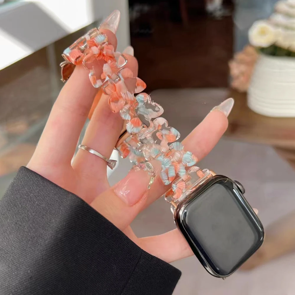 Luxury Womens Resin Strap For Apple Watch Series 6 5 38 40mm 44mm 42mm Girls Bracelet For iWatch SE 7 4 3 2 41mm 45mm Wristband