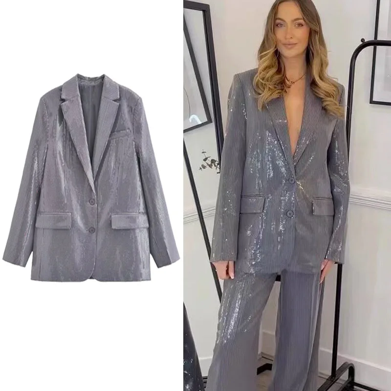 

TRAF Women 2 Pieces Fashion Sequin Blazer Coat Lapel Long Sleeves Blazer Jackets+Sequinned Baggy Pants 2024 Autumn Sets