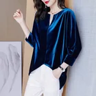 Женская футболка, Золотая Бархатная осенне-Весенняя модная Однотонная футболка с v-образным вырезом и длинным рукавом, Удобная синяя женская футболка