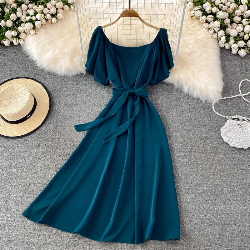 

Summer Dress Women Short Flare Sleeve Solid Lace-up Party A-line Long Dress Elegant Korean Vestidos Sundress