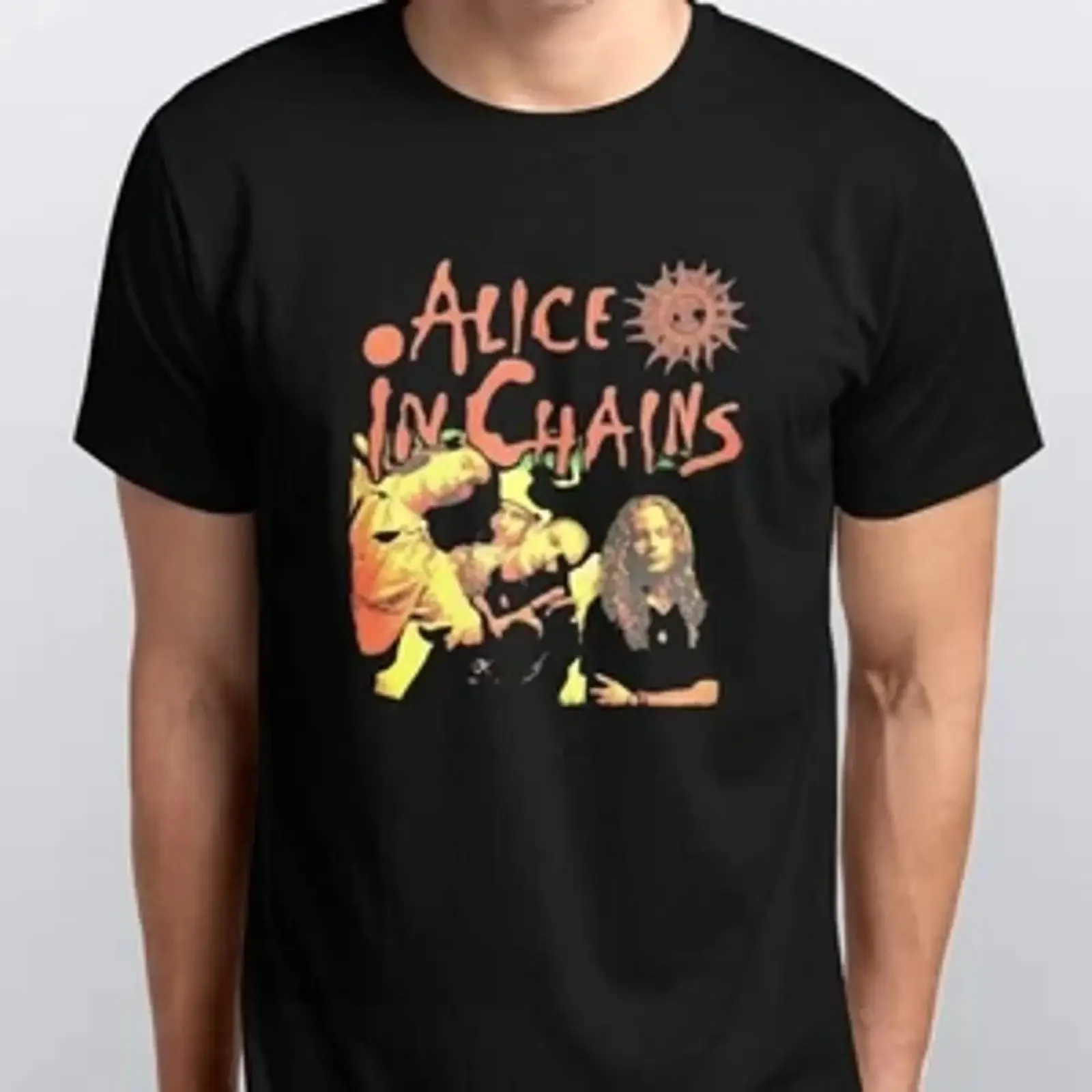 Фото Футболка группы ALICE IN CHAINS, винтажная, в стиле 90-х, антрацитовая, черная, с эффектом потертости, удобная, унисекс, с графическим принтом, размеры S, M, L, XL, XXL, 3, 4. №1