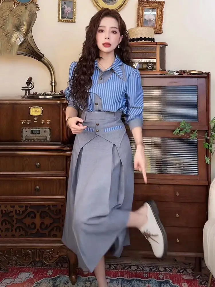 Новинка весны 2024 Модная ретро Гонконгская полосатая рубашка с высокой талией