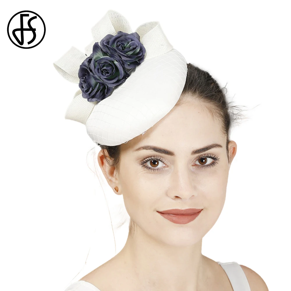 FS Iglesia-sombreros elegantes de boda para mujer, tocado nupcial clásico blanco con azul marino, gorra de Festival de Carreras de Caballos