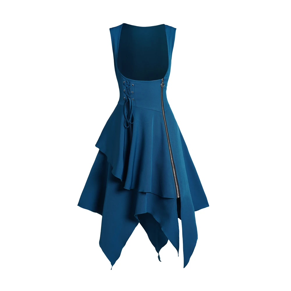 

Asymmetrical Hem Gothic Lace Up Zip Handkerchief Dress Deep Blue Color Sleeveless Casual Mini Dress