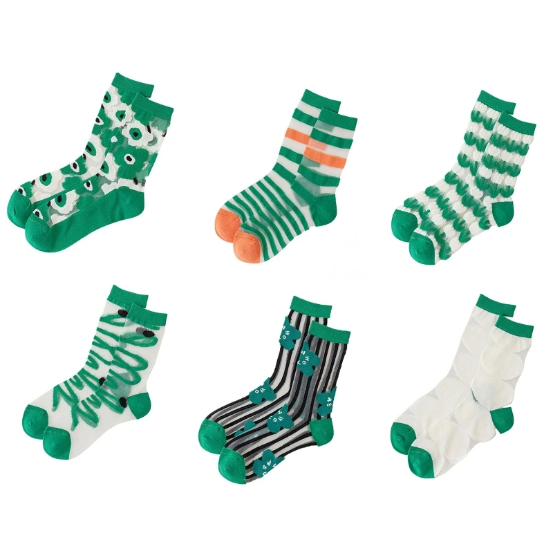 

Korean Style Women See Through Glass Fiber Socks Harajuku Contrast Color Green Geometric Striped Floral Sheer drop shipping