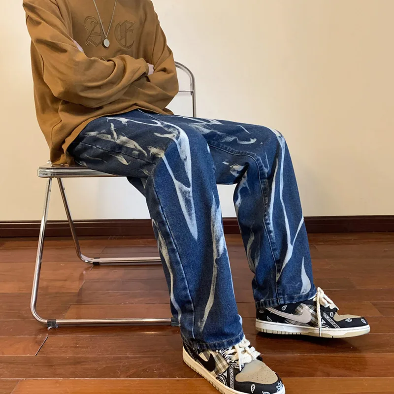 Blue Black Baggy Jeans Men Fashion Tie-dyed Jeans Mens Japanese Streetwear Hip-hop Loose Straight Denim Trousers Men M-5XL