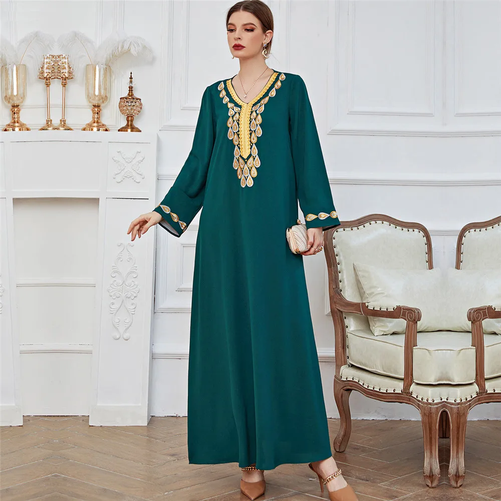 Женское платье с зеленой вышивкой Eid Mubarak Abaya Dubai, мусульманская Арабская Женская одежда, турецкий кафтан Caftan, женское платье Рамадан