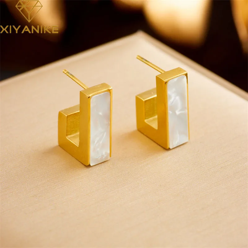 

XIYANIKE 316L Stainless Steel Black White Rectangle Earrings Gold Color Accessory for Women Charm Christmas Jewelry Gift Серьги