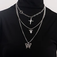 2022 trend multilayer hollow butterfly rose cross sweater necklace female korean multilayer long chain necklace