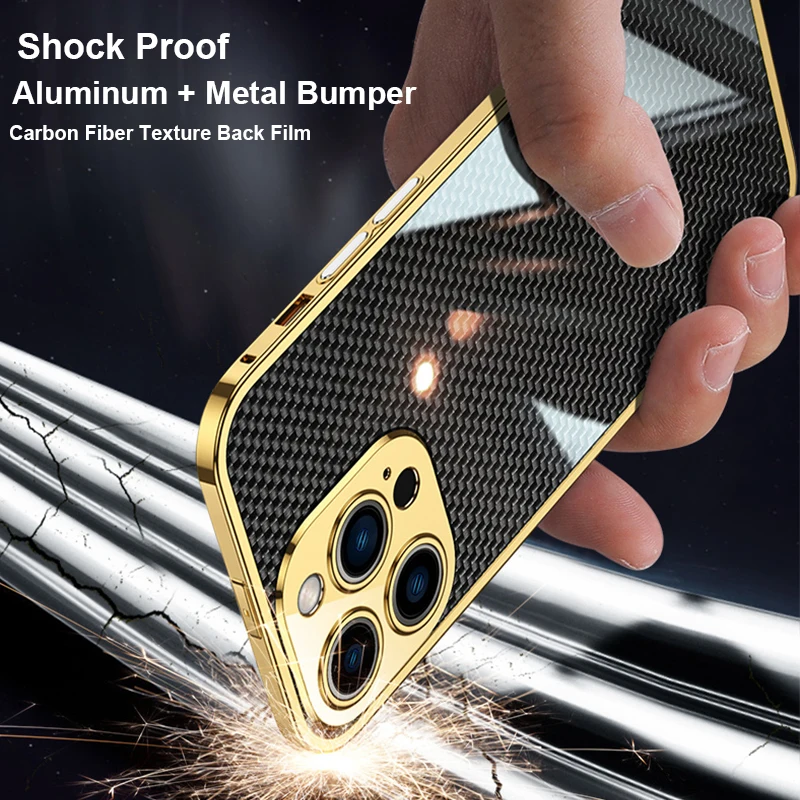 Plating Bumper Metal Case For iPhone 14 Pro MAX 13 12 11 14 Plus Aluminium Frame Phone Cover Camera Protector Carbon Fiber Film