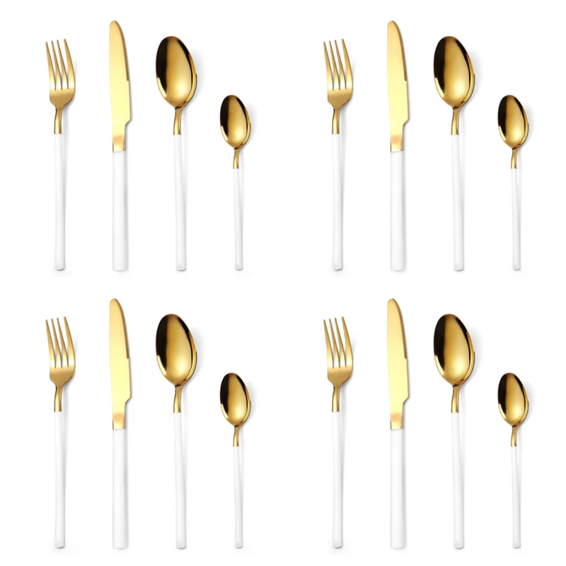 16Pcs White Gold Dinnerware Stainless Steel Cutlery Set Flatware Knife Fork TeaSpoon Dinner Set Kitchen Tableware Silverware Set