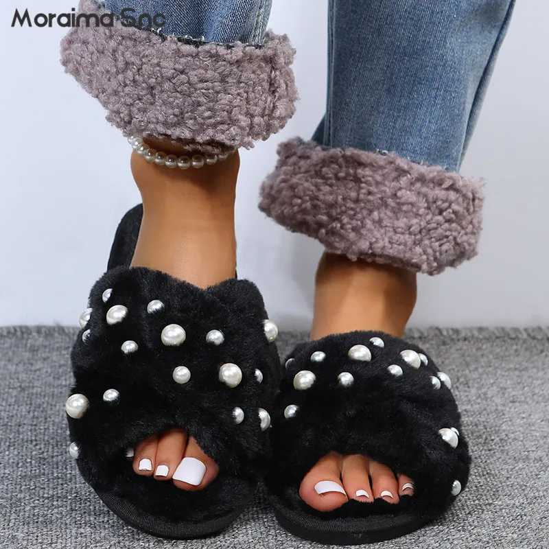 Black Fur Cross Strap Slippers New Open Toe Flat Bottom Pearl Fur Slippers Multi-Color Casual Fashion Plus Size Women's Shoes