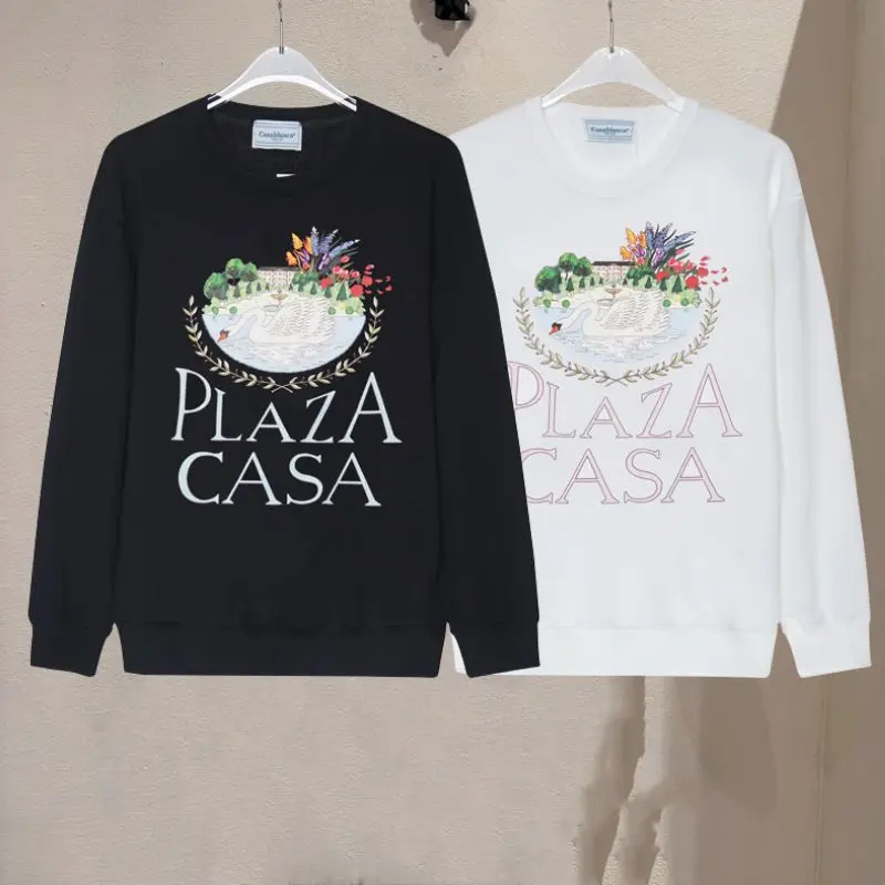 

Dropshipping 3XL Casablanca Sweatshirts White Swan Letter Print Round Neck Pullover Terry Loose Men Women Casa Sweatshirt