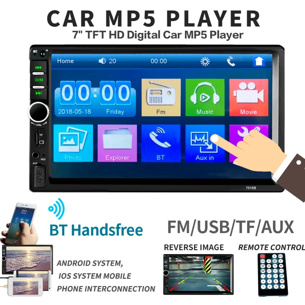 2Din 7018B 7" Touch Screen In Dash Bluetooth Car MP5 Player FM Radio Audio 1080P Video Media  support Rear View Camera